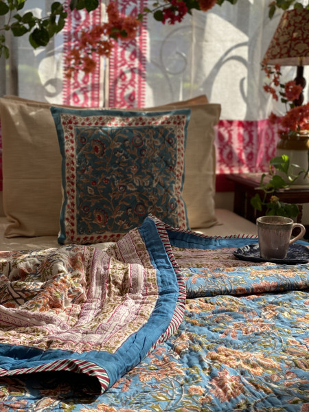 BLUE Cotton Block Print SINGLE JAIPURI RAZAI