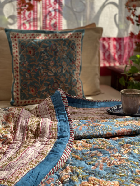 BLUE Cotton Block Print SINGLE JAIPURI RAZAI