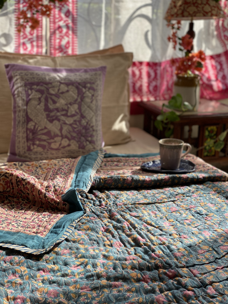 Image of TEAL Cotton Block Print SINGLE JAIPURI RAZAI