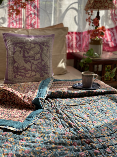 TEAL Cotton Block Print DOUBLE JAIPURI RAZAI