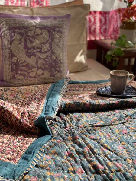 TEAL Cotton Block Print DOUBLE JAIPURI RAZAI