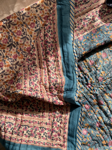 TEAL Cotton Block Print DOUBLE JAIPURI RAZAI