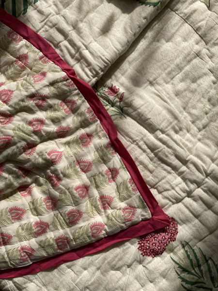 OFF WHITE Cotton Block Print SINGLE JAIPURI RAZAI