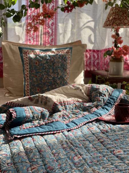 BLUE Cotton Block Print DOUBLE JAIPURI RAZAI