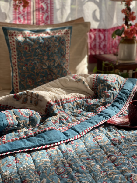 BLUE Cotton Block Print DOUBLE JAIPURI RAZAI