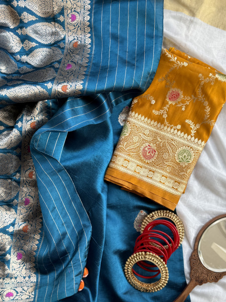 BLUE BANARASI MEENAKARI HAND WOVEN PURE SILK SARI