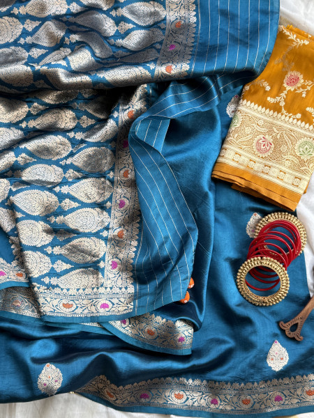 BLUE BANARASI MEENAKARI HAND WOVEN PURE SILK SARI