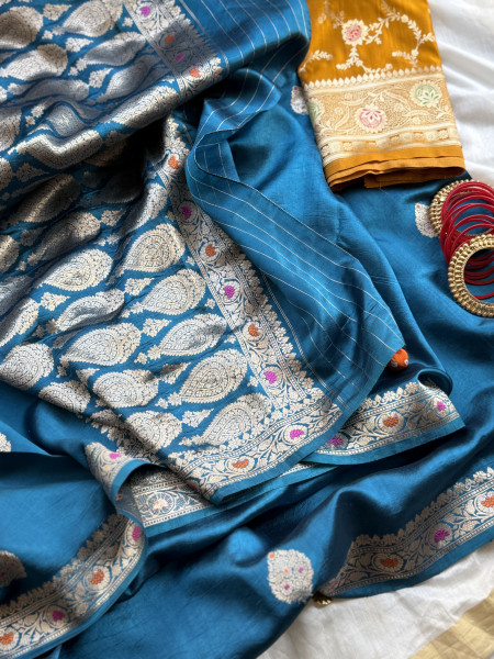BLUE BANARASI MEENAKARI HAND WOVEN PURE SILK SARI