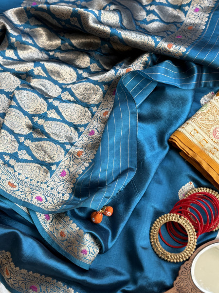 BLUE BANARASI MEENAKARI HAND WOVEN PURE SILK SARI