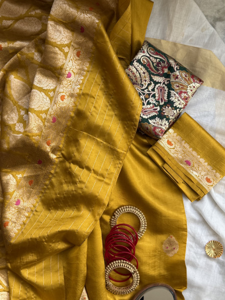 MUSTARD BANARASI MEENAKARI HAND WOVEN PURE SILK SARI