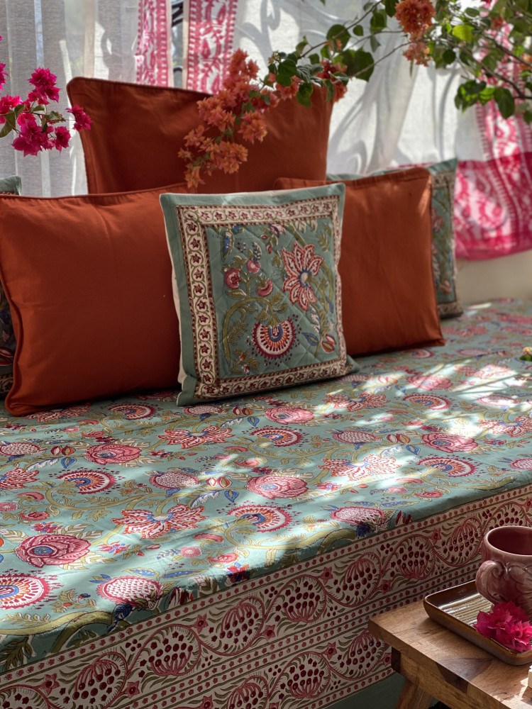 Image of MINT GREEN HAND Block Print Single COTTON Bedsheet