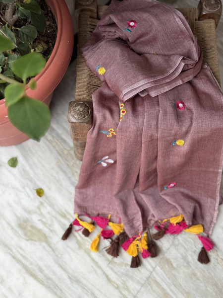 DUSTY TAUPE BROWN COTTON MULMUL EMBROIDERED SARI