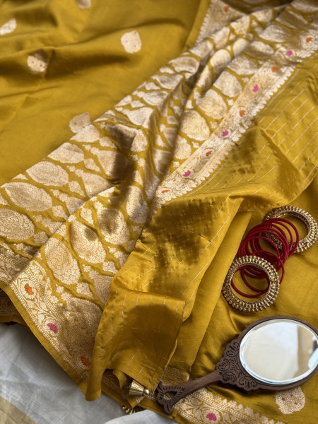 MUSTARD BANARASI MEENAKARI HAND WOVEN PURE SILK SARI