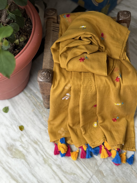 MUSTARD COTTON MULMUL EMBROIDERED SARI