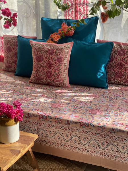 SALMON HAND Block Print Single COTTON Bedsheet