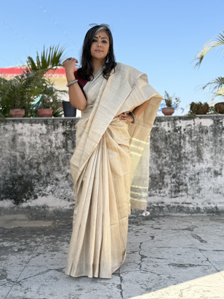 BEIGE HAND WOVEN TUSSAR SILK SARI