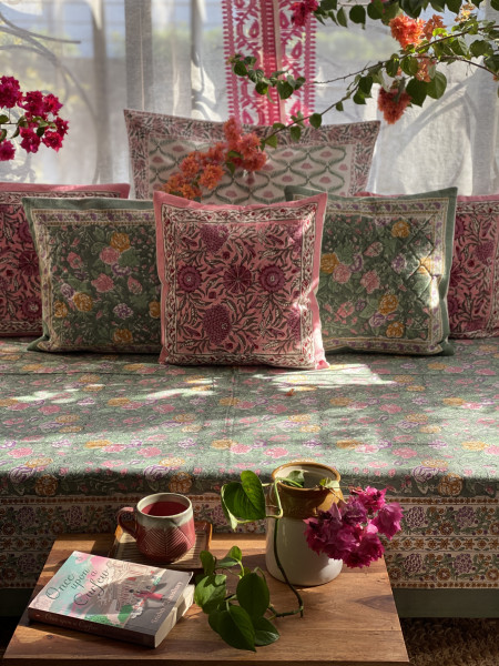 MOSS GREEN HAND Block Print Single COTTON Bedsheet