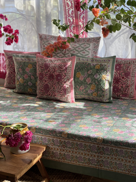 MOSS GREEN HAND Block Print Single COTTON Bedsheet