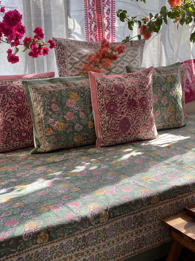 Image of MOSS GREEN HAND Block Print Single COTTON Bedsheet