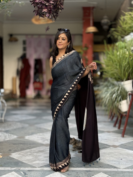 BLACK-INDIGO MODAL SILK AJRAKH BLOCK PRINT SARI