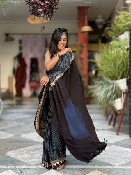 BLACK-INDIGO MODAL SILK AJRAKH BLOCK PRINT SARI
