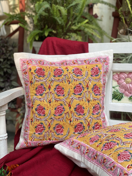 YELLOW HAND Block Print Cotton Quilted Cushion Cover