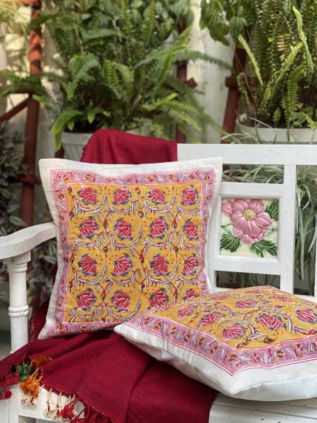 YELLOW HAND Block Print Cotton Quilted Cushion Cover