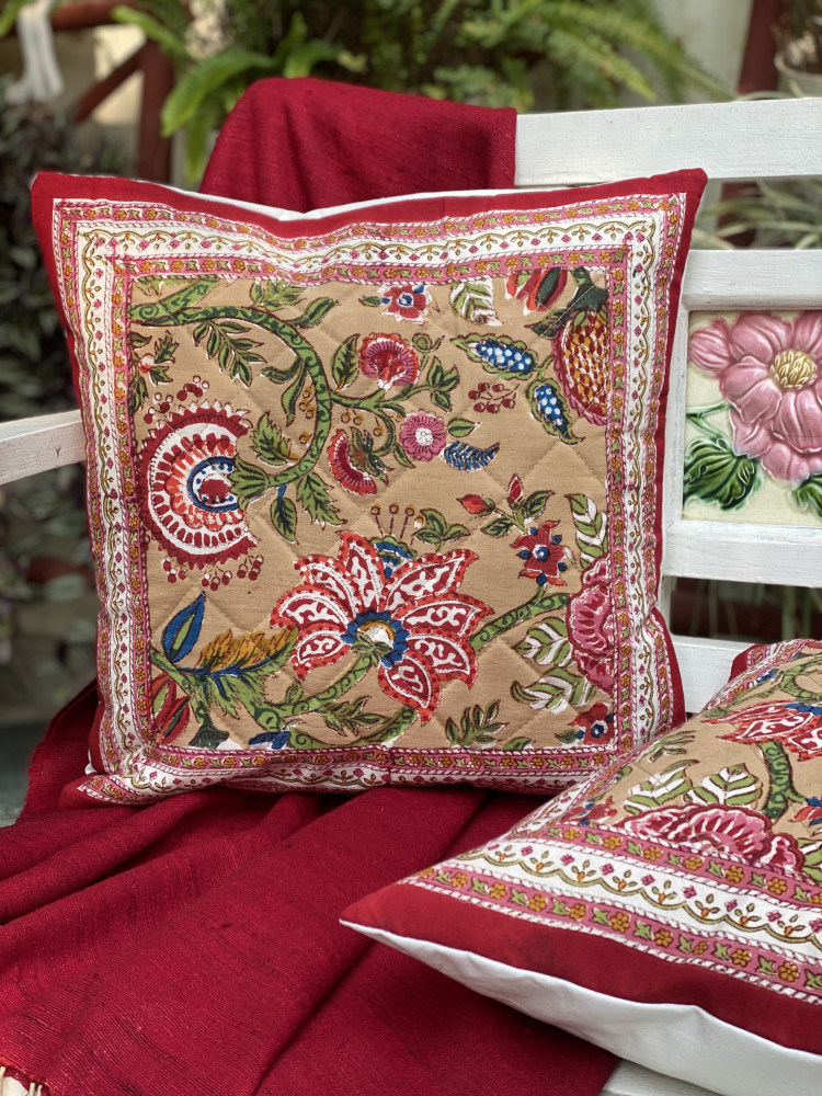 Image of MULTI COLOUR HAND Block Print Cotton Quilted Cushion Cover