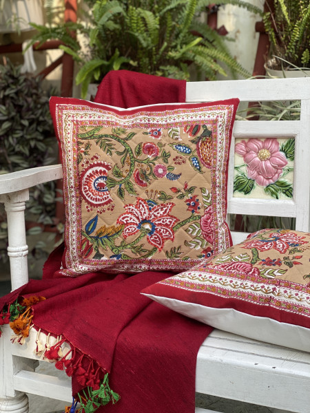 MULTI COLOUR HAND Block Print Cotton Quilted Cushion Cover