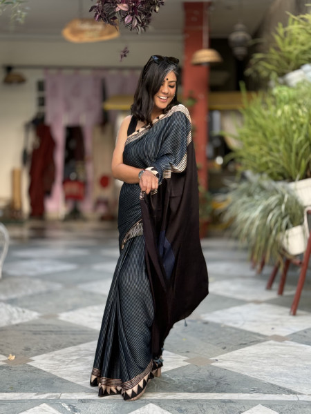 BLACK-INDIGO MODAL SILK AJRAKH BLOCK PRINT SARI