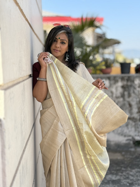 BEIGE HAND WOVEN TUSSAR SILK SARI