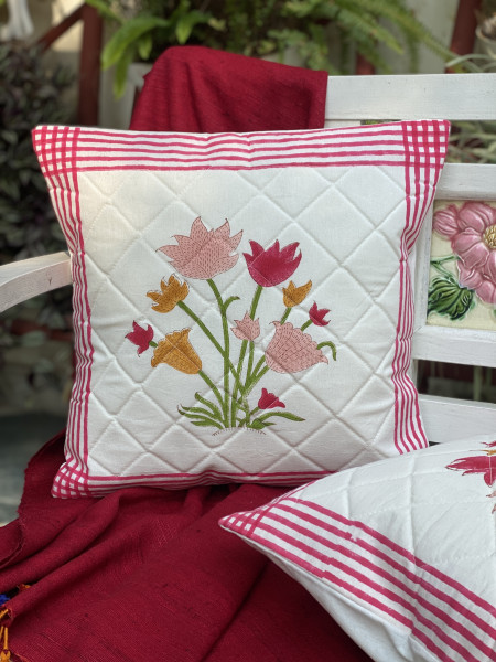 OFF WHITE HAND Block Print Cotton Quilted Cushion Cover