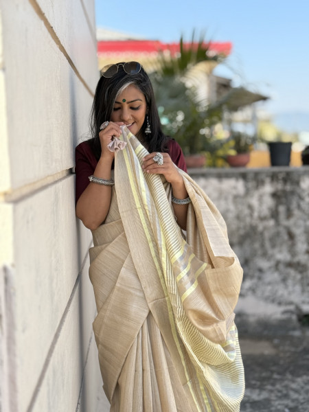 BEIGE HAND WOVEN TUSSAR SILK SARI