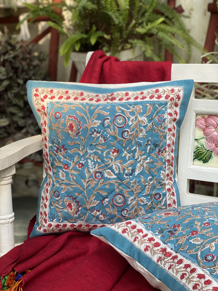 Image of BLUE HAND Block Print Cotton Quilted Cushion Cover