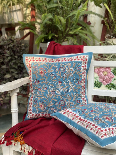 BLUE HAND Block Print Cotton Quilted Cushion Cover
