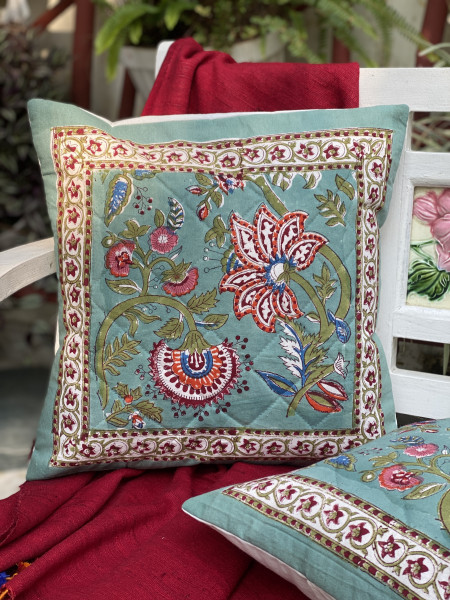 MINT GREEN HAND Block Print Cotton Quilted Cushion Cover