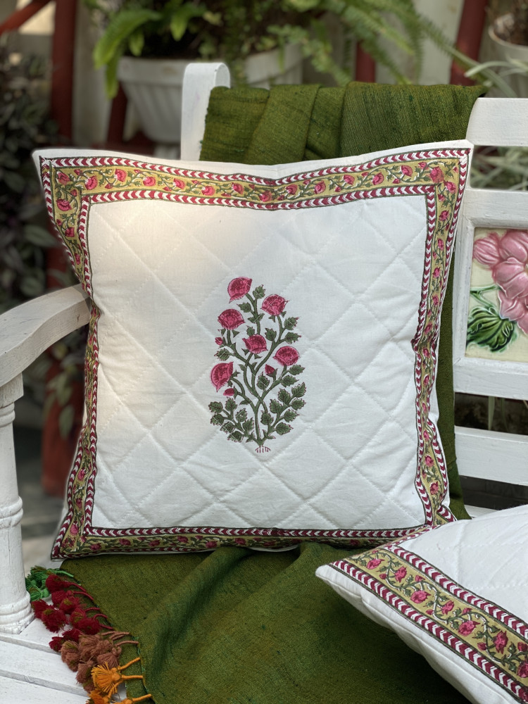 Image of OFF WHITE HAND Block Print Cotton Quilted Cushion Cover