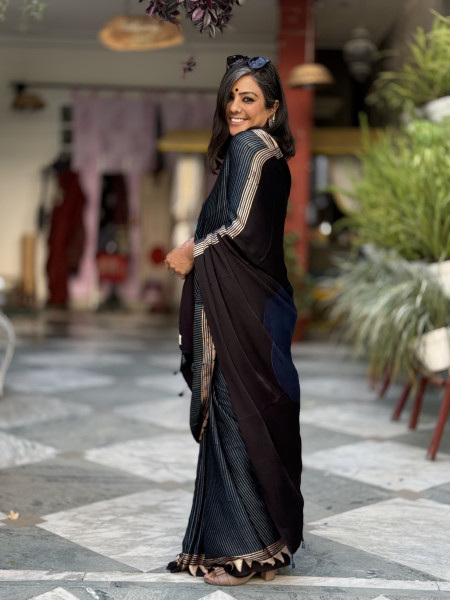 BLACK-INDIGO MODAL SILK AJRAKH BLOCK PRINT SARI
