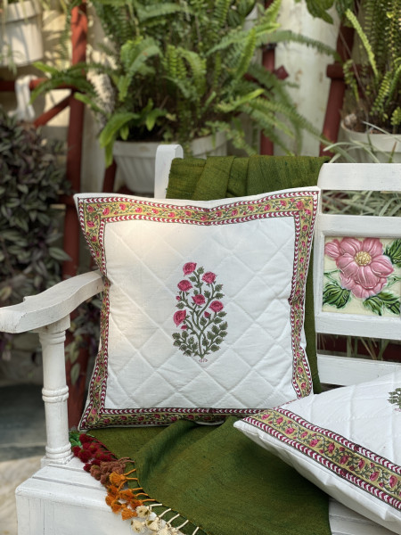 OFF WHITE HAND Block Print Cotton Quilted Cushion Cover