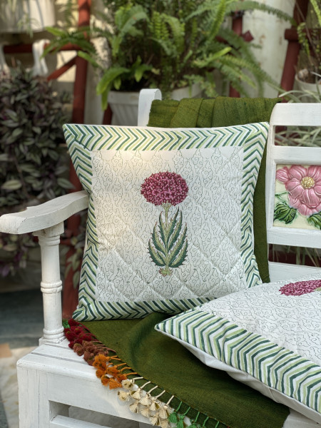 OFF WHITE HAND Block Print Cotton Quilted Cushion Cover