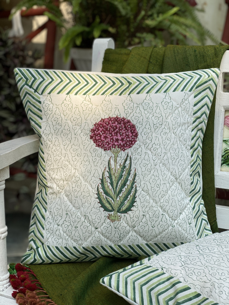 Image of OFF WHITE HAND Block Print Cotton Quilted Cushion Cover