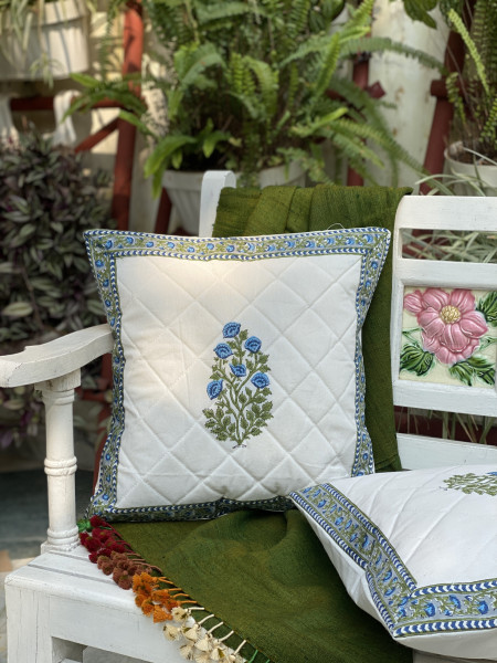 OFF WHITE HAND Block Print Cotton Quilted Cushion Cover