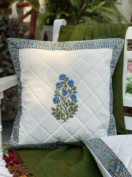 OFF WHITE HAND Block Print Cotton Quilted Cushion Cover