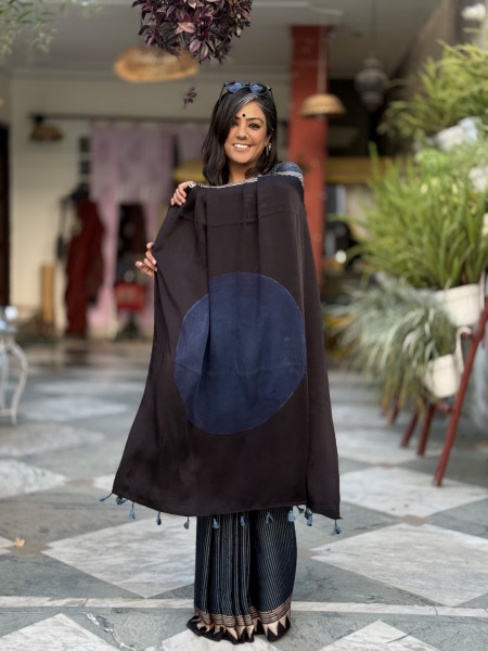 BLACK-INDIGO MODAL SILK AJRAKH BLOCK PRINT SARI