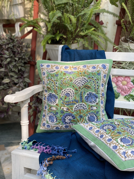 GREEN HAND Block Print Cotton Quilted Cushion Cover