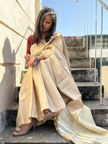 BEIGE HAND WOVEN TUSSAR SILK SARI