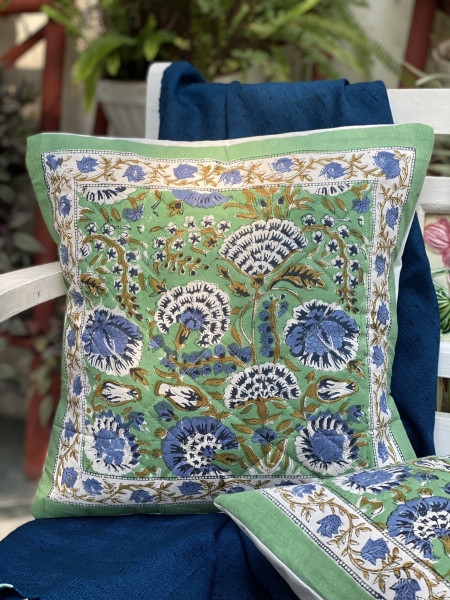 GREEN HAND Block Print Cotton Quilted Cushion Cover