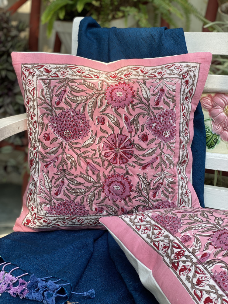 Image of PINK HAND Block Print Cotton Quilted Cushion Cover