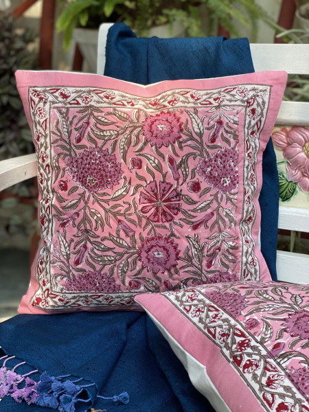 PINK HAND Block Print Cotton Quilted Cushion Cover