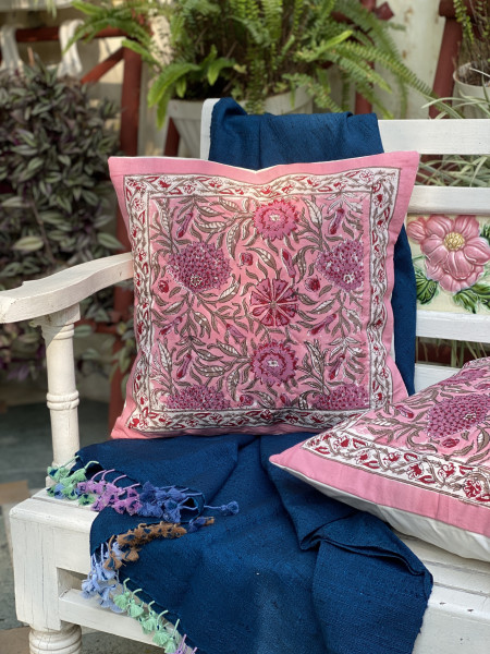 PINK HAND Block Print Cotton Quilted Cushion Cover